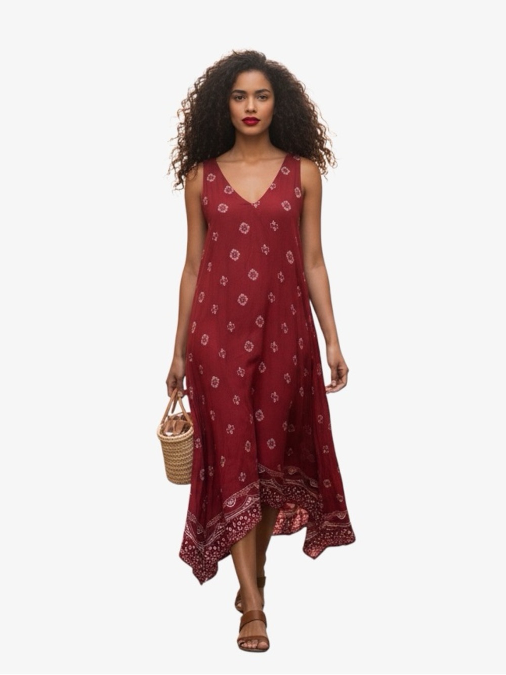 California Moonrise Red Bandhani Print Asymmetrical Handkerchief Hem Dress S